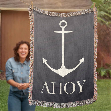 AHOY Heirloom Woven Blanket — Nautical Elegance for Coastal Homes