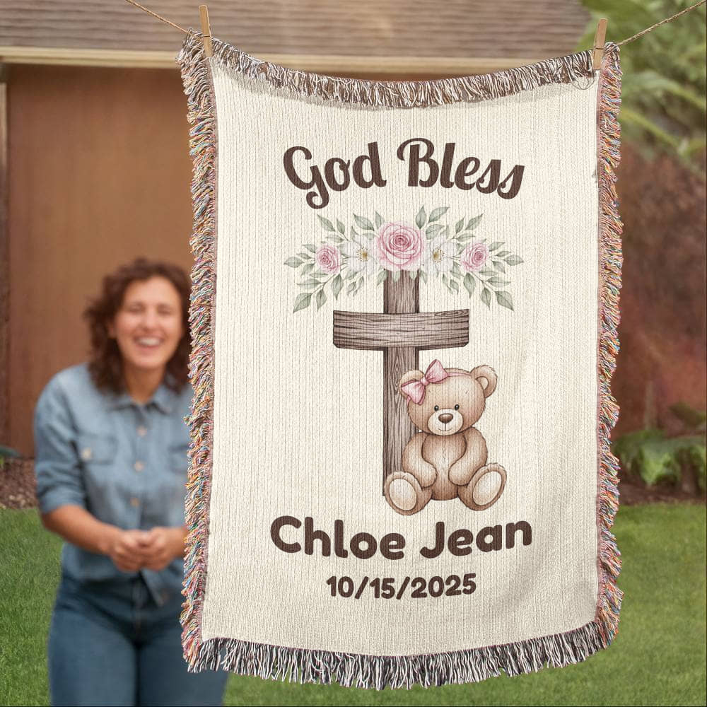 Christian Baby Girl Gift Personalized Woven Blanket Baptism/Christening Gift from Godmother Religious Nursery Decor Catholic Family