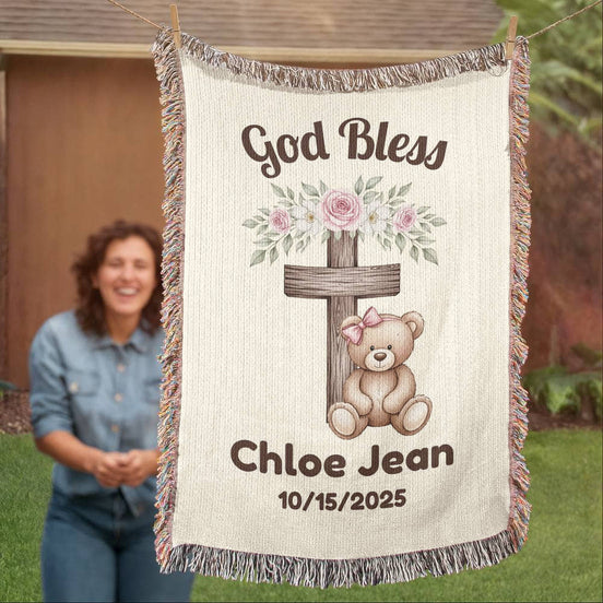 Christian Baby Girl Gift Personalized Woven Blanket Baptism/Christening Gift from Godmother Religious Nursery Decor Catholic Family