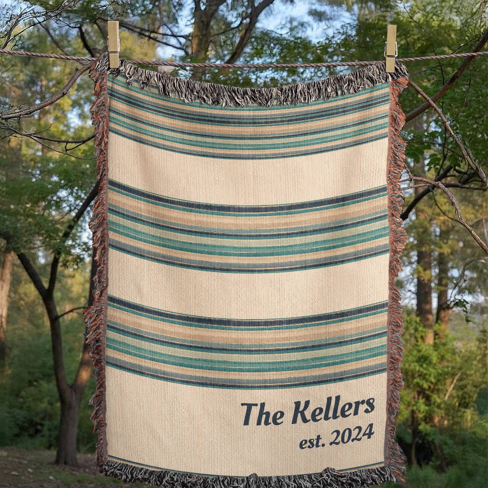 Personalized Woven Throw Blanket,Unique Gift for Wedding Engagement Anniversary Keepsake, Family or Couple Last Name, Modern Boho Stripes