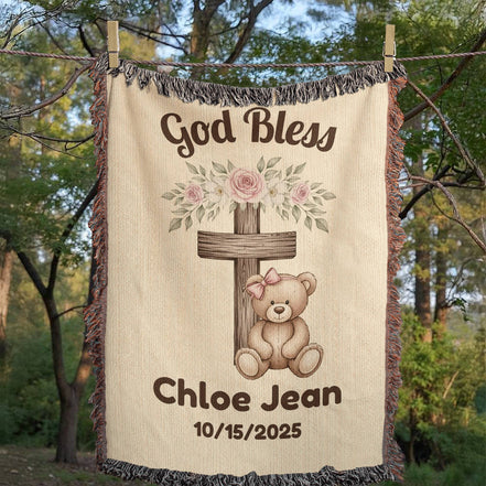 Christian Baby Girl Gift Personalized Woven Blanket Baptism/Christening Gift from Godmother Religious Nursery Decor Catholic Family