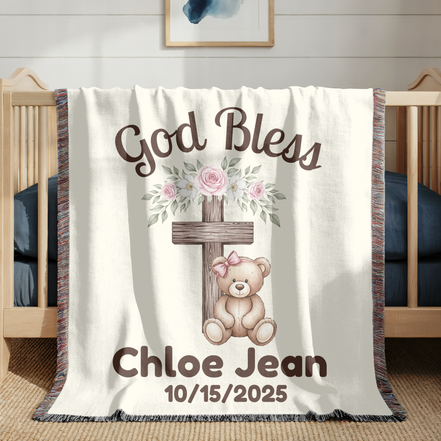 Christian Baby Girl Gift Personalized Woven Blanket Baptism/Christening Gift from Godmother Religious Nursery Decor Catholic Family