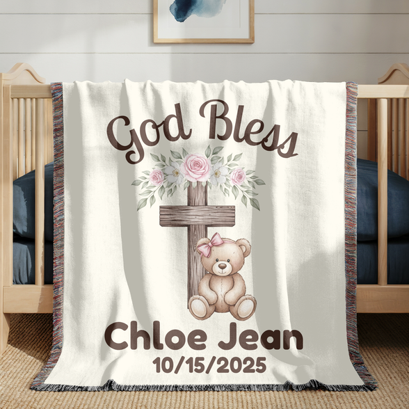 Christian Baby Girl Gift Personalized Woven Blanket Baptism/Christening Gift from Godmother Religious Nursery Decor Catholic Family