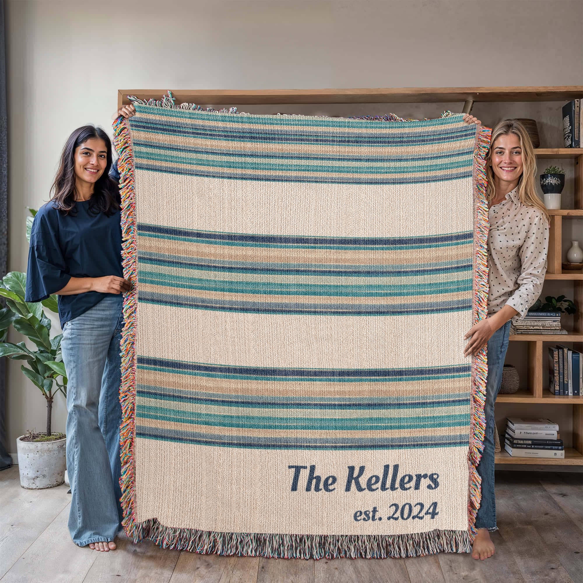 Personalized Woven Throw Blanket,Unique Gift for Wedding Engagement Anniversary Keepsake, Family or Couple Last Name, Modern Boho Stripes