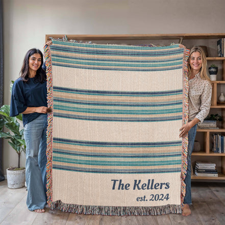 Personalized Woven Throw Blanket,Unique Gift for Wedding Engagement Anniversary Keepsake, Family or Couple Last Name, Modern Boho Stripes