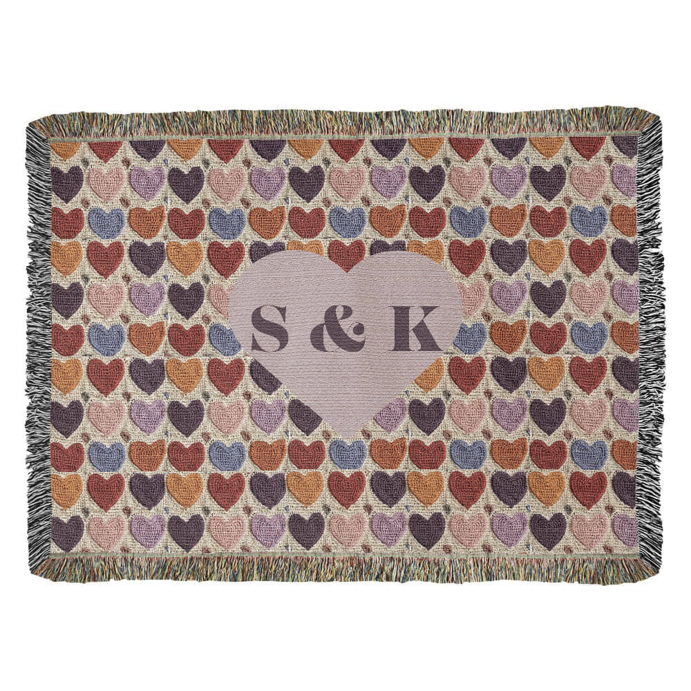 Monogram Initials Heart Custom Crocheted Look Heirloom Woven Blanket