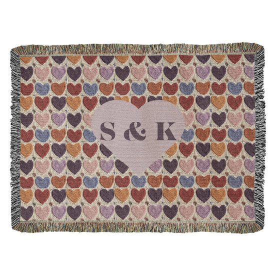 Monogram Initials Heart Custom Crocheted Look Heirloom Woven Blanket