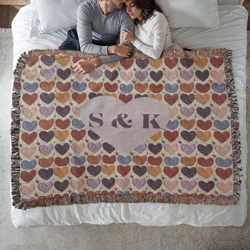 Monogram Initials Heart Custom Crocheted Look Heirloom Woven Blanket