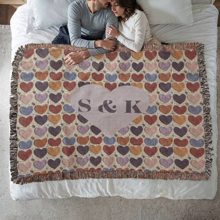 Monogram Initials Heart Custom Crocheted Look Heirloom Woven Blanket