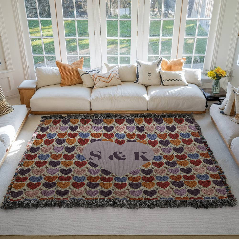 Monogram Initials Heart Custom Crocheted Look Heirloom Woven Blanket