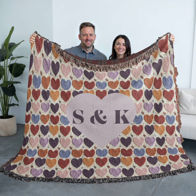 Monogram Initials Heart Custom Crocheted Look Heirloom Woven Blanket