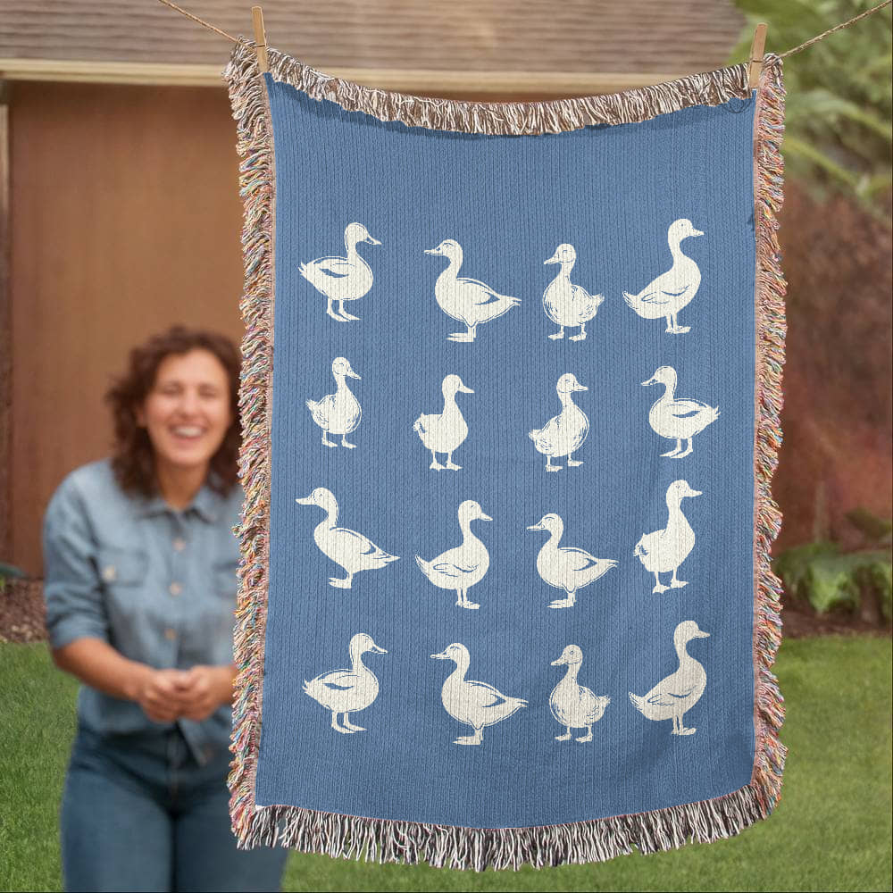 Hand Drawn Duck Motif Heirloom Woven Blanket