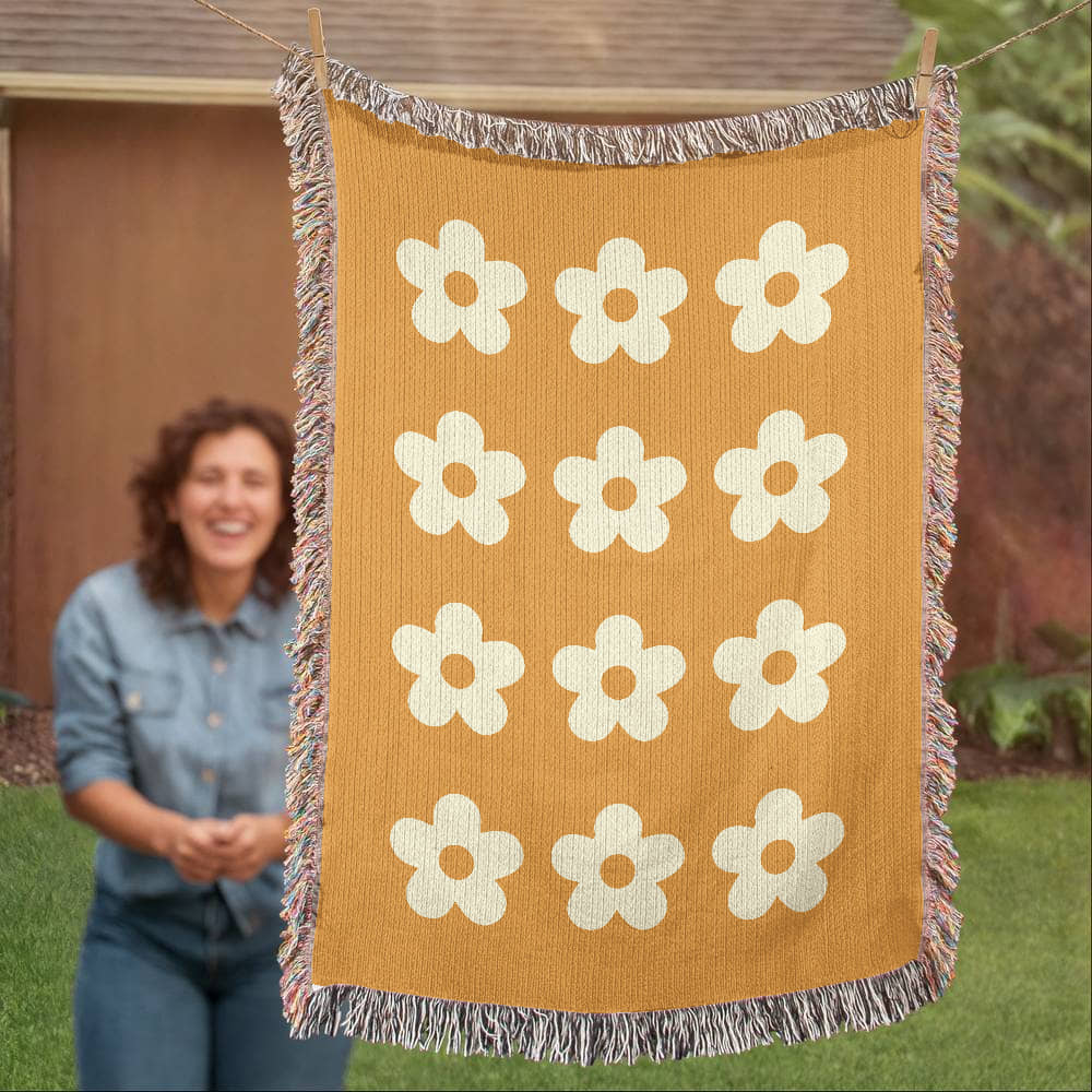 Cheery Flower Motif Heirloom Woven Blanket