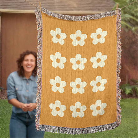 Cheery Flower Motif Heirloom Woven Blanket