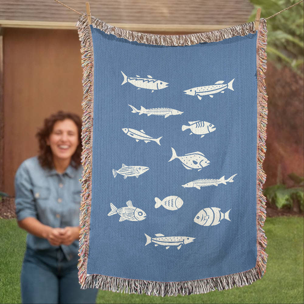 Hand Drawn Fish Motif Heirloom Woven Blanket