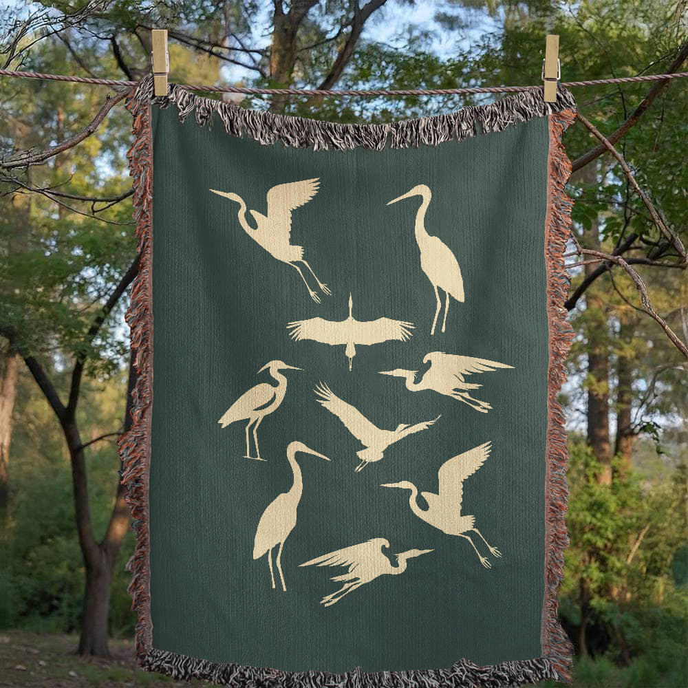 Hand Drawn Heron Motif Heirloom Woven Blanket