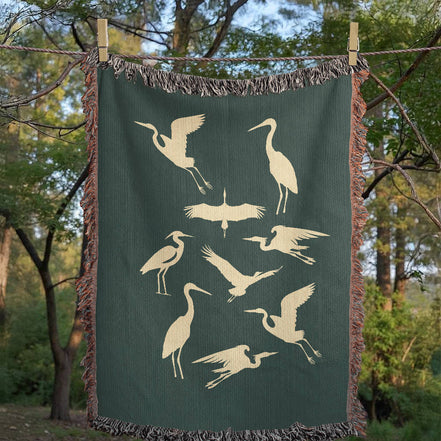 Hand Drawn Heron Motif Heirloom Woven Blanket