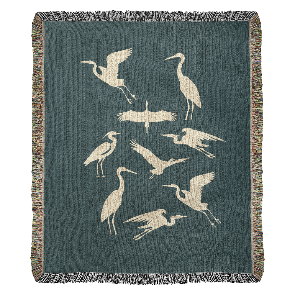 Hand Drawn Heron Motif Heirloom Woven Blanket