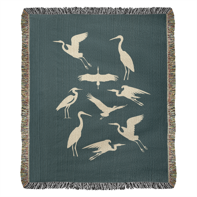 Hand Drawn Heron Motif Heirloom Woven Blanket