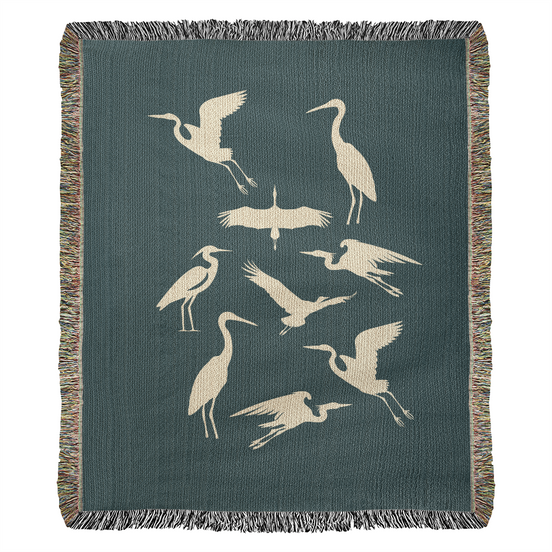 Hand Drawn Heron Motif Heirloom Woven Blanket