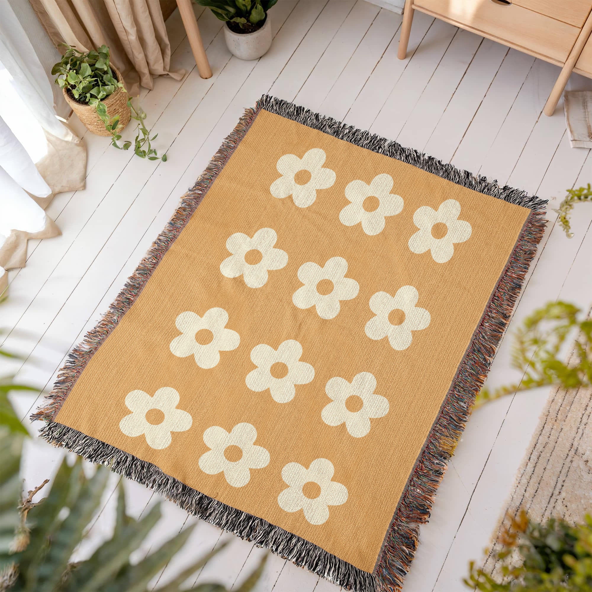 Cheery Flower Motif Heirloom Woven Blanket