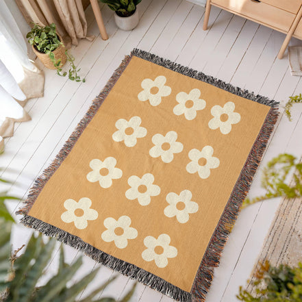 Cheery Flower Motif Heirloom Woven Blanket