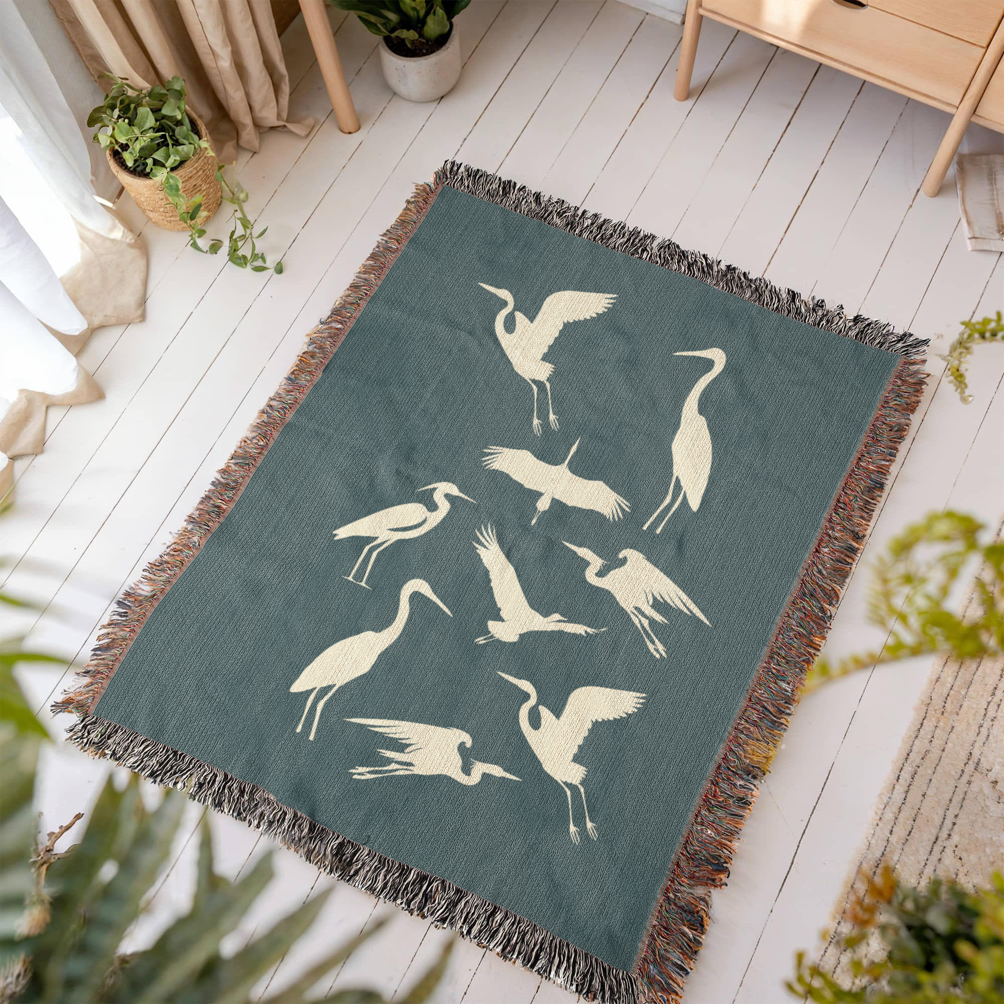 Hand Drawn Heron Motif Heirloom Woven Blanket