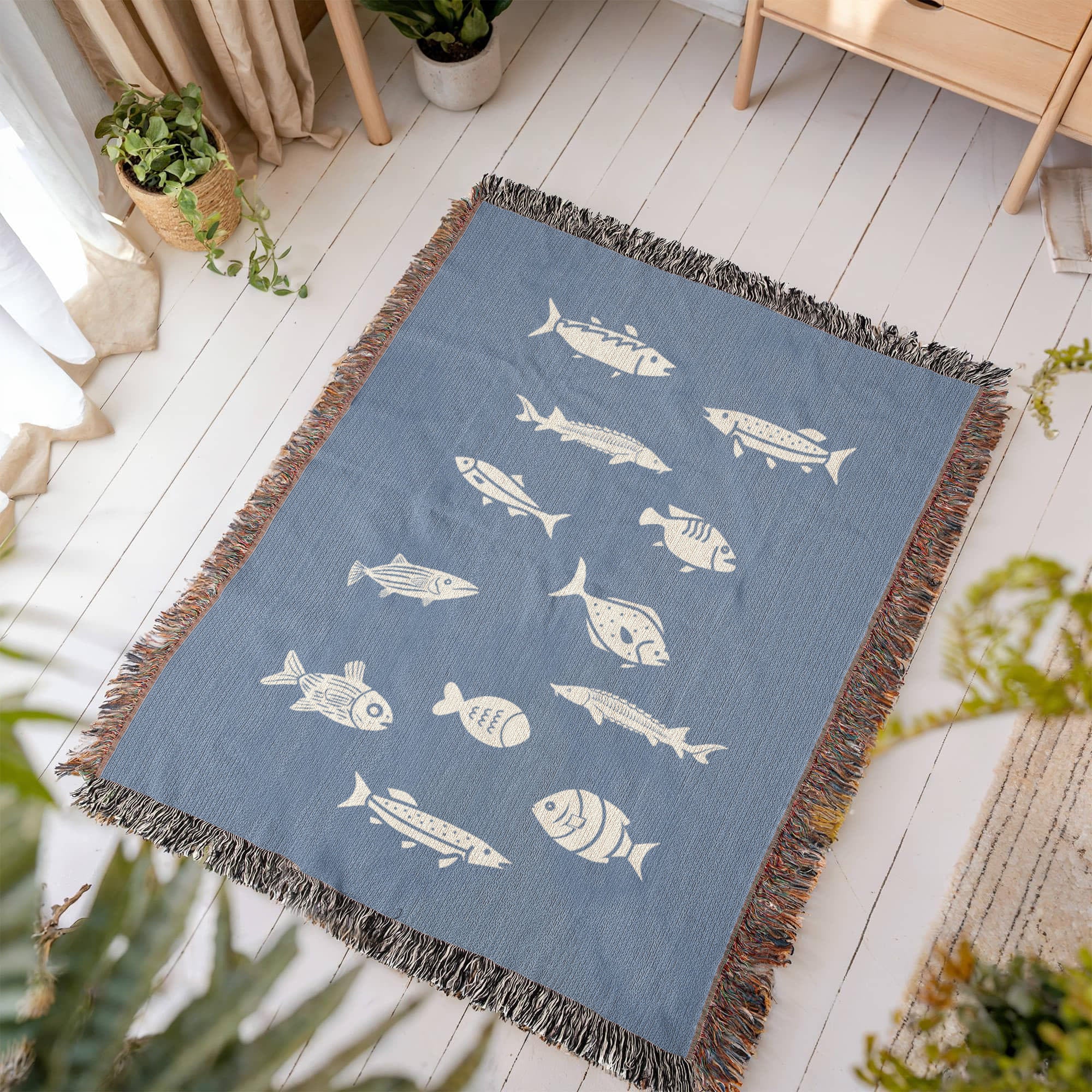 Hand Drawn Fish Motif Heirloom Woven Blanket