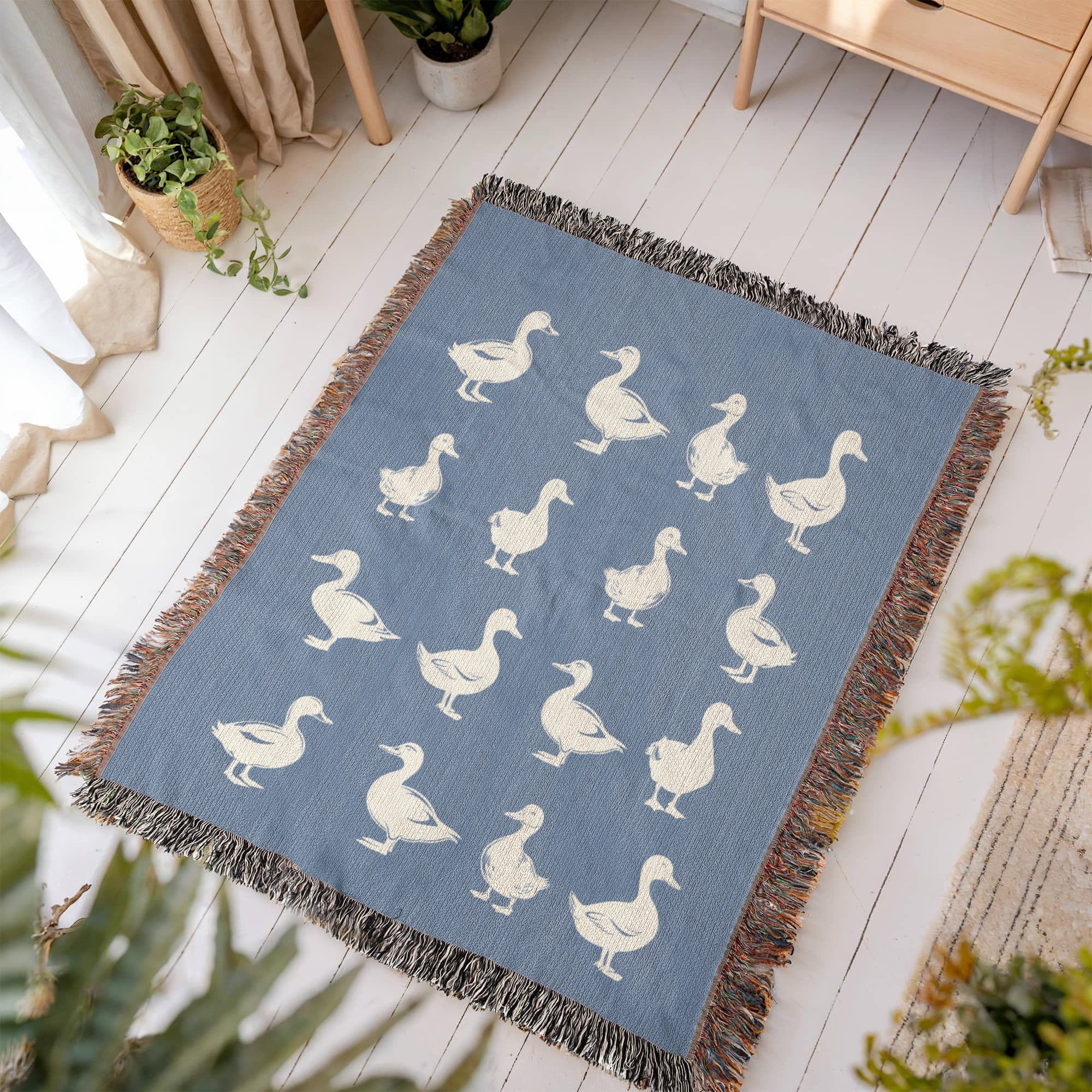 Hand Drawn Duck Motif Heirloom Woven Blanket