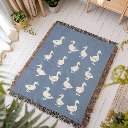 Hand Drawn Duck Motif Heirloom Woven Blanket