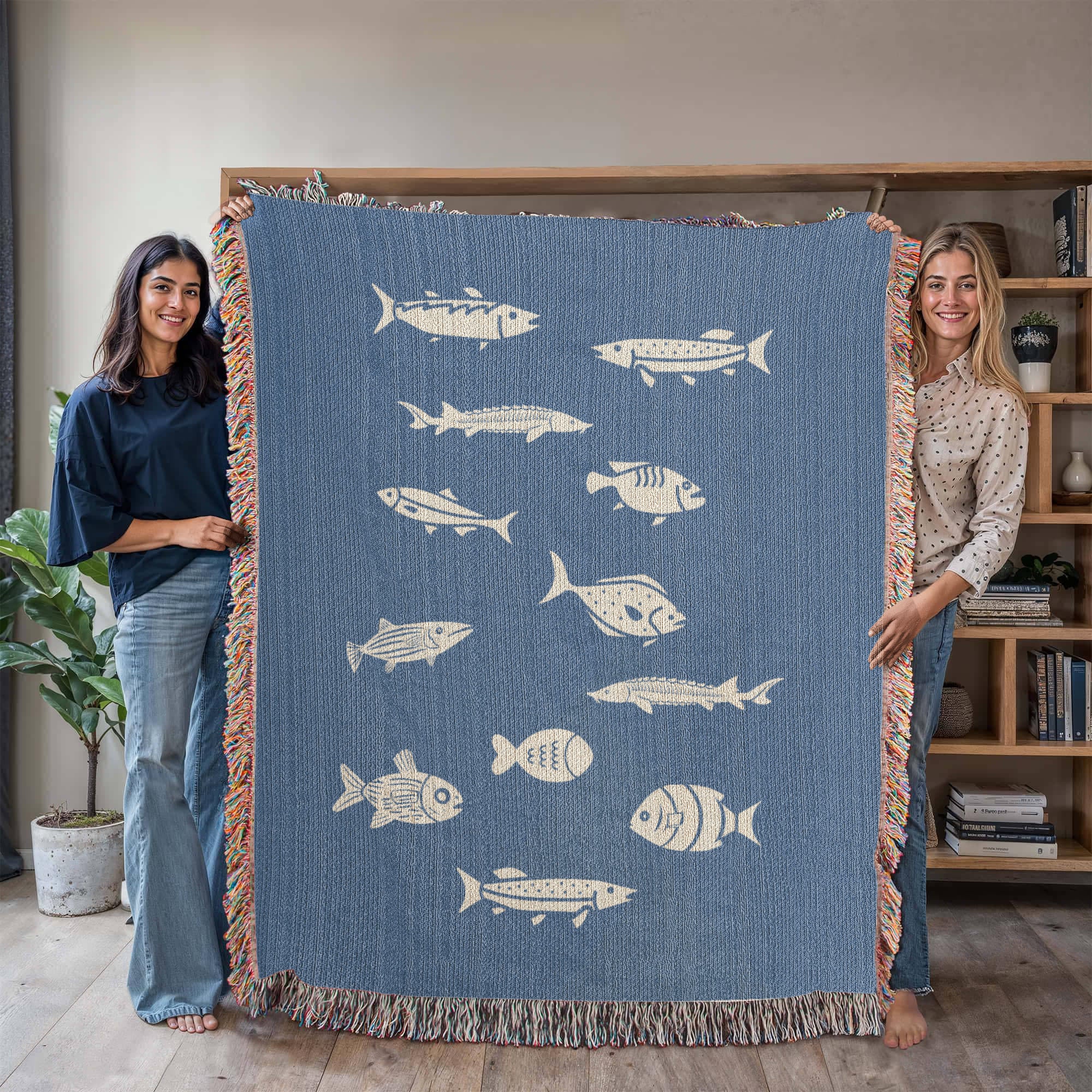 Hand Drawn Fish Motif Heirloom Woven Blanket