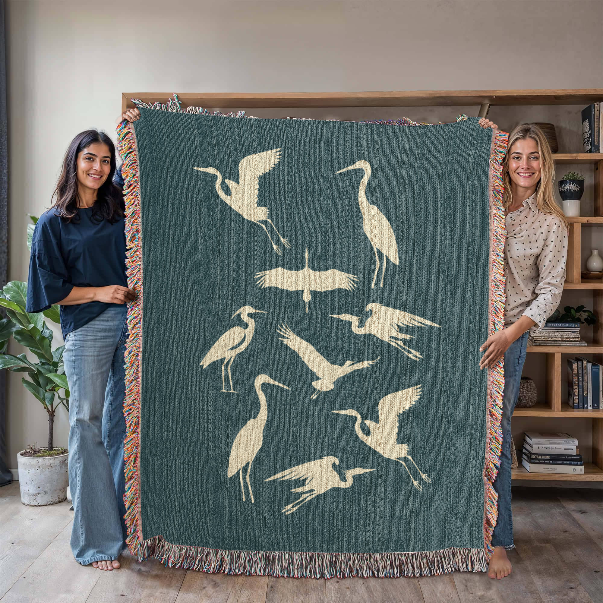 Hand Drawn Heron Motif Heirloom Woven Blanket