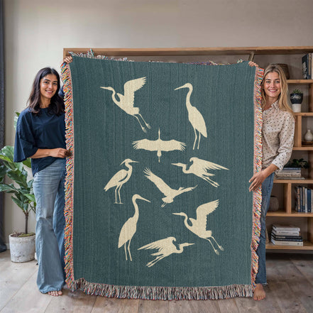 Hand Drawn Heron Motif Heirloom Woven Blanket