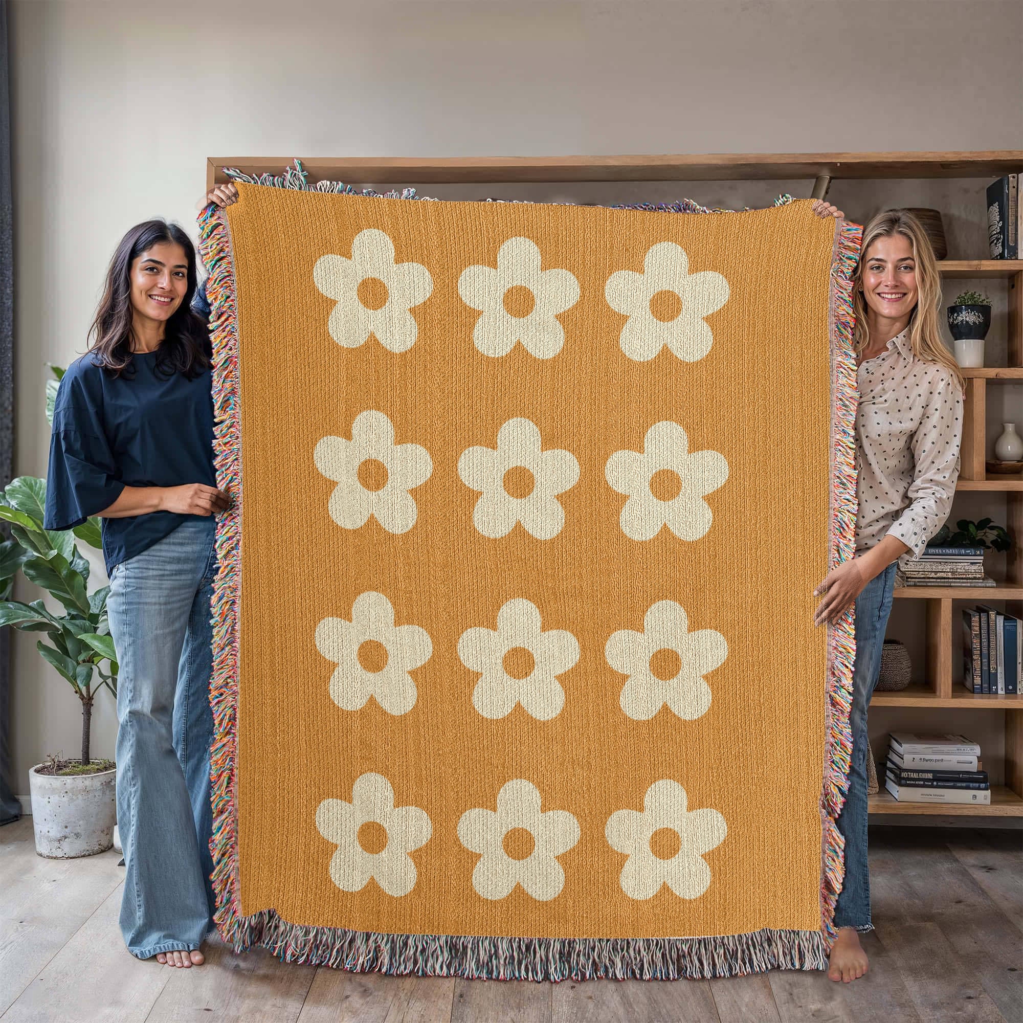 Cheery Flower Motif Heirloom Woven Blanket