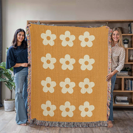 Cheery Flower Motif Heirloom Woven Blanket