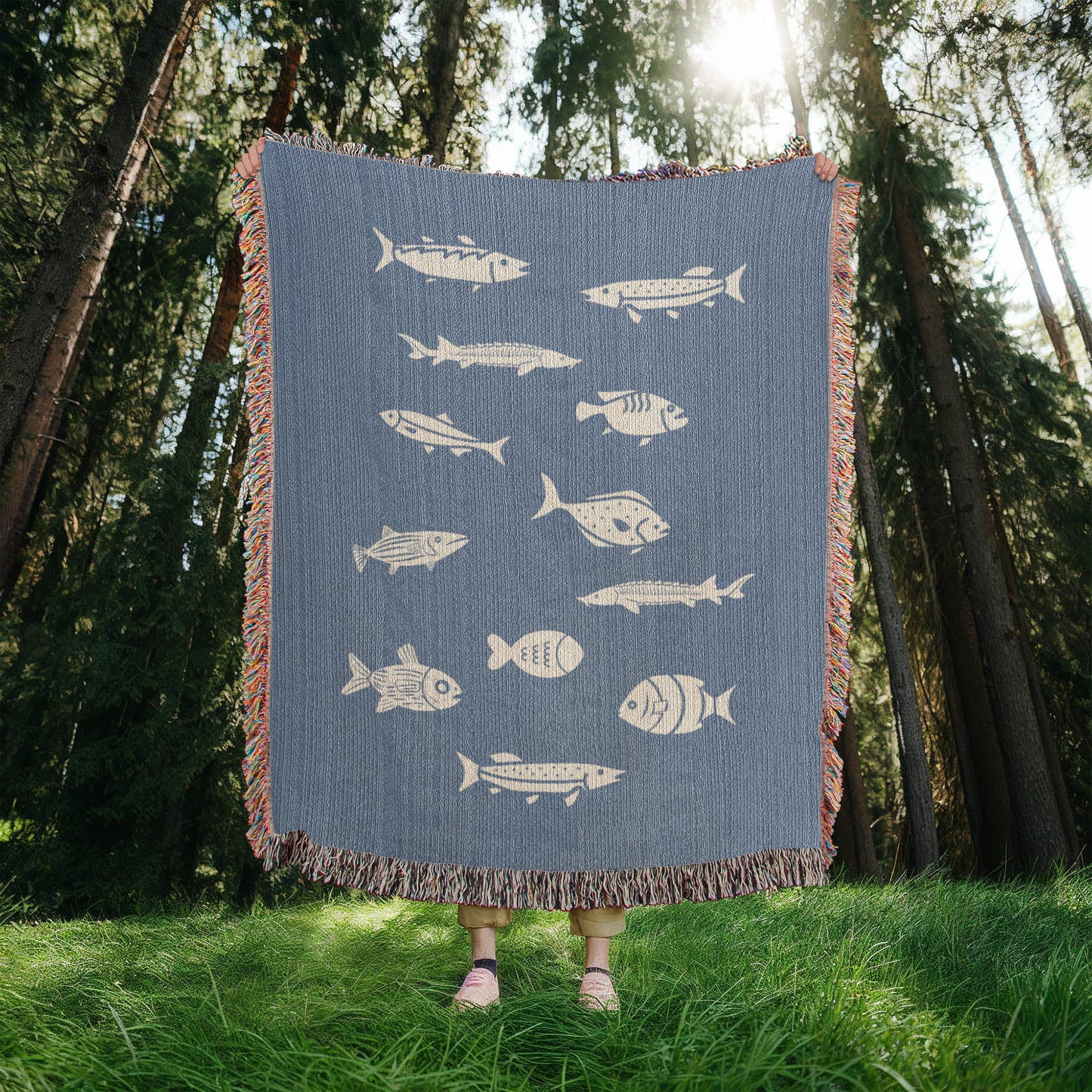 Hand Drawn Fish Motif Heirloom Woven Blanket