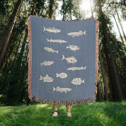 Hand Drawn Fish Motif Heirloom Woven Blanket