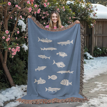 Hand Drawn Fish Motif Heirloom Woven Blanket