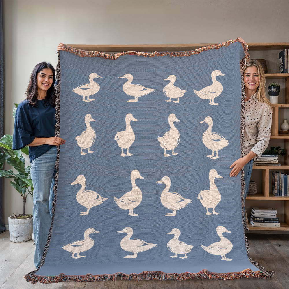 Hand Drawn Duck Motif Heirloom Woven Blanket