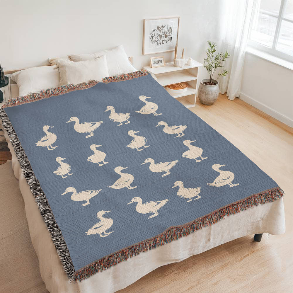 Hand Drawn Duck Motif Heirloom Woven Blanket