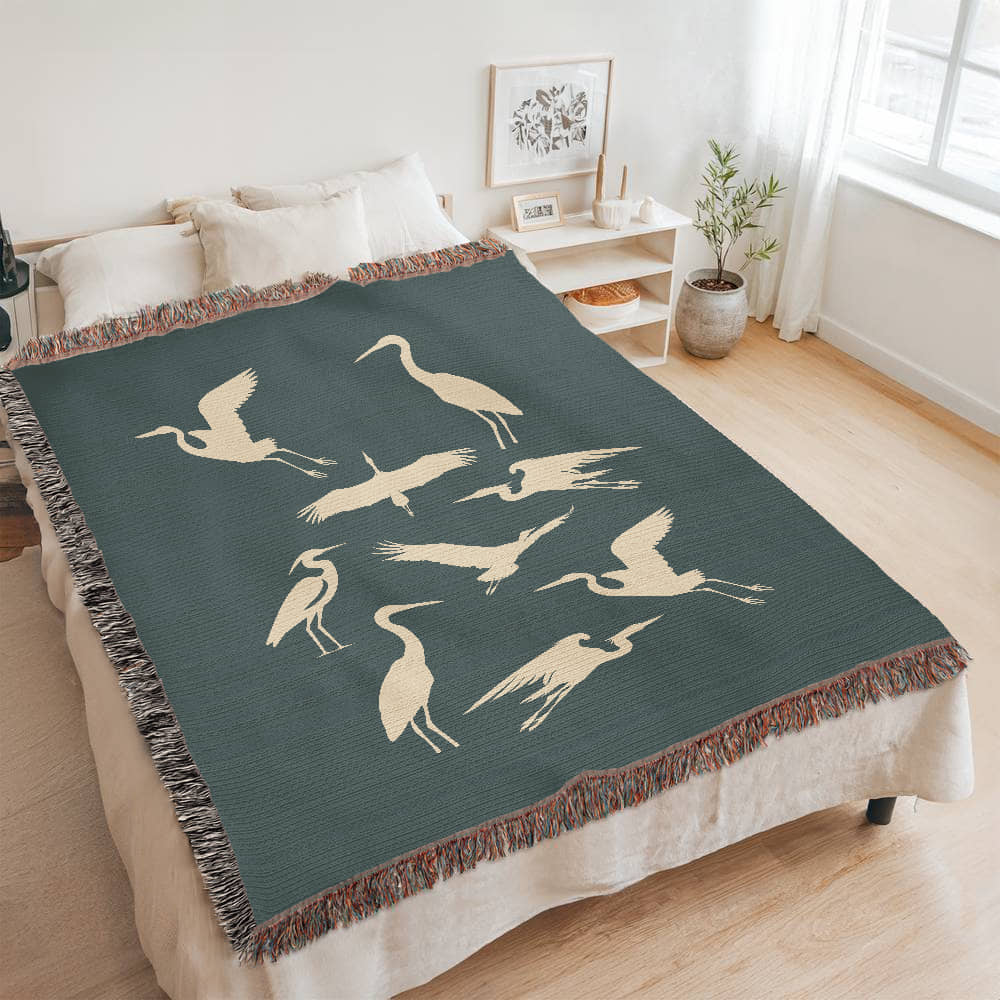 Hand Drawn Heron Motif Heirloom Woven Blanket