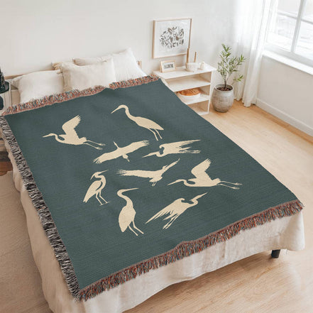 Hand Drawn Heron Motif Heirloom Woven Blanket