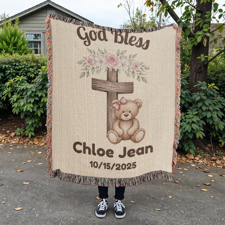Christian Baby Girl Gift Personalized Woven Blanket Baptism/Christening Gift from Godmother Religious Nursery Decor Catholic Family