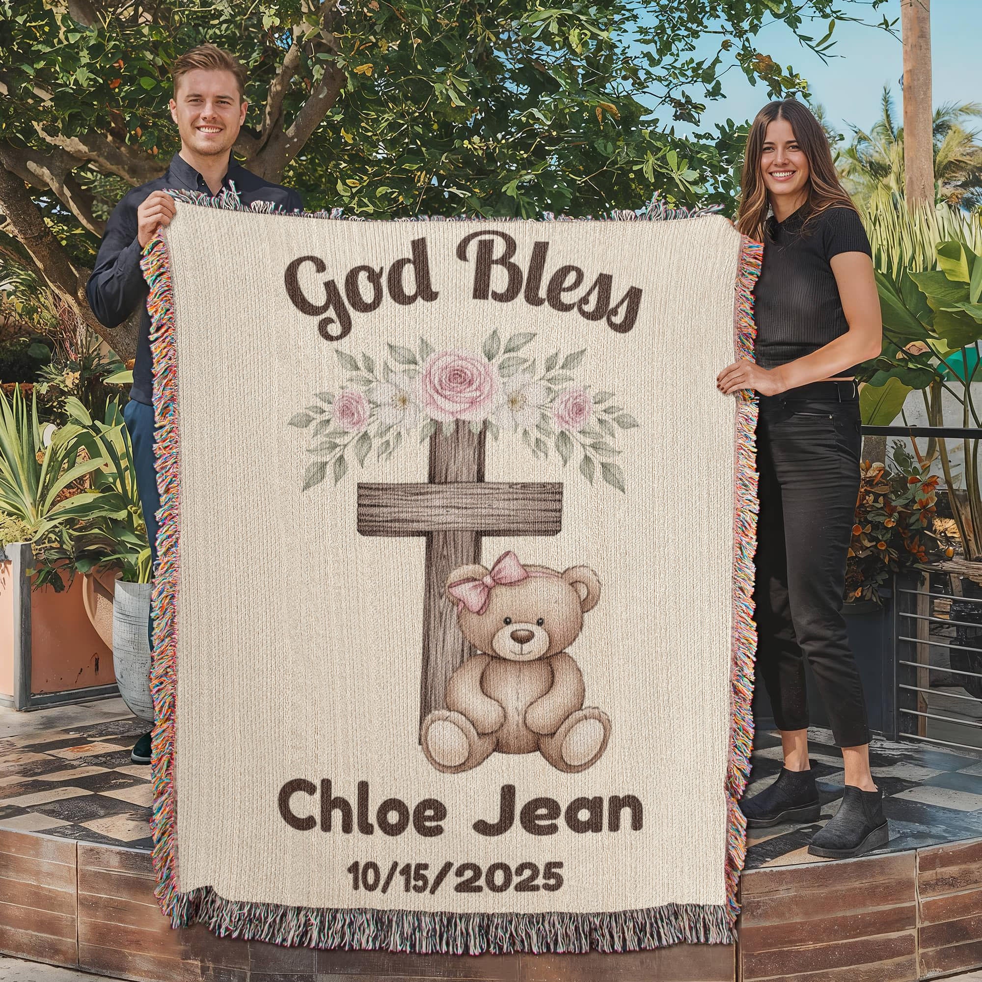 Christian Baby Girl Gift Personalized Woven Blanket Baptism/Christening Gift from Godmother Religious Nursery Decor Catholic Family