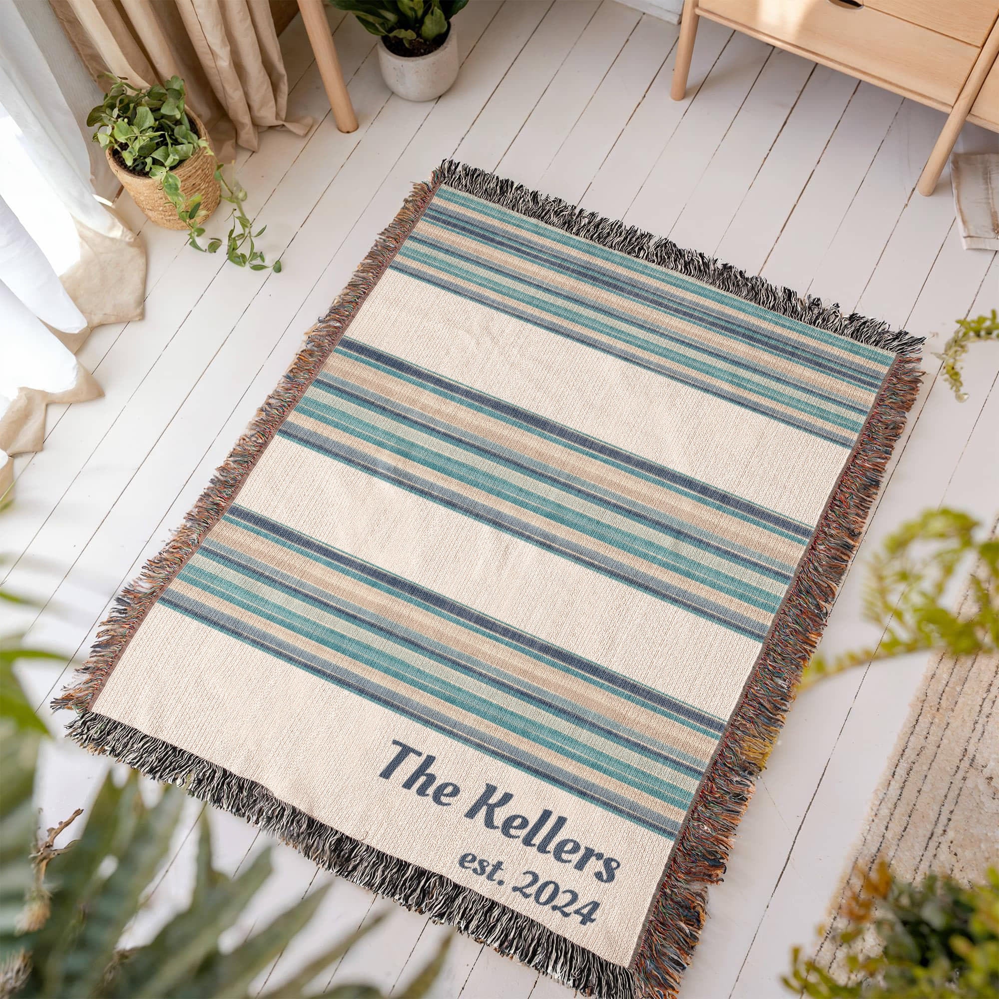 Personalized Woven Throw Blanket,Unique Gift for Wedding Engagement Anniversary Keepsake, Family or Couple Last Name, Modern Boho Stripes