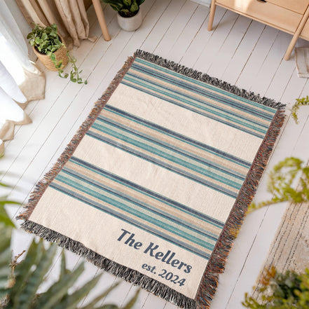 Personalized Woven Throw Blanket,Unique Gift for Wedding Engagement Anniversary Keepsake, Family or Couple Last Name, Modern Boho Stripes
