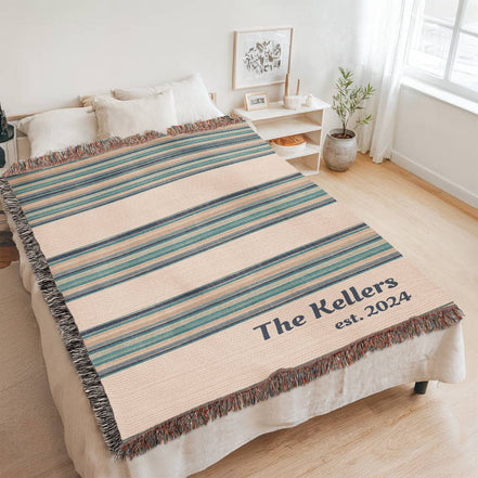Personalized Woven Throw Blanket,Unique Gift for Wedding Engagement Anniversary Keepsake, Family or Couple Last Name, Modern Boho Stripes