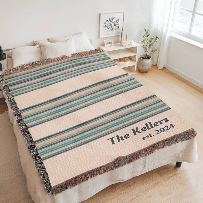 Personalized Woven Throw Blanket,Unique Gift for Wedding Engagement Anniversary Keepsake, Family or Couple Last Name, Modern Boho Stripes